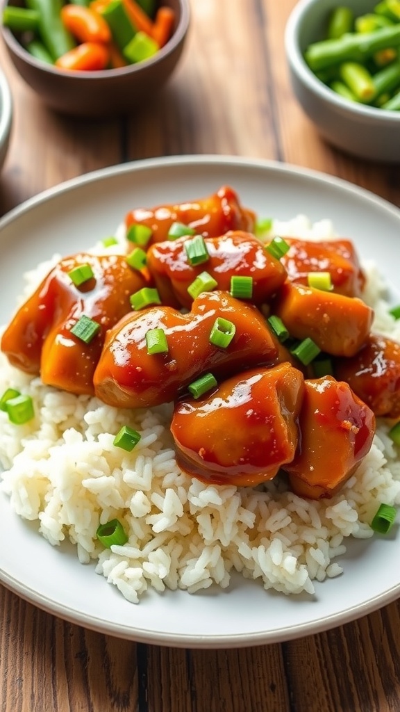 Bourbon Chicken on rice, garnished with green onions, served on a rustic table.